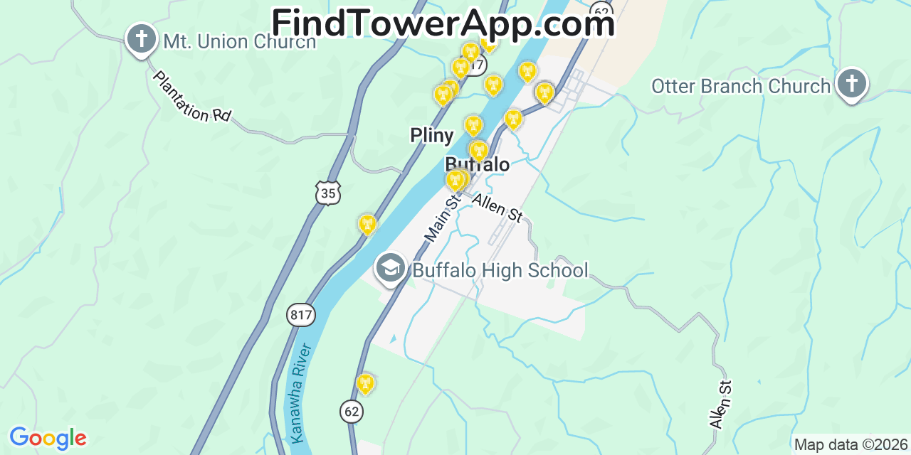 Map showing the 20 primary cell tower locations detected in Buffalo, West Virginia from AT&T, Verizon, and T-Mobile networks