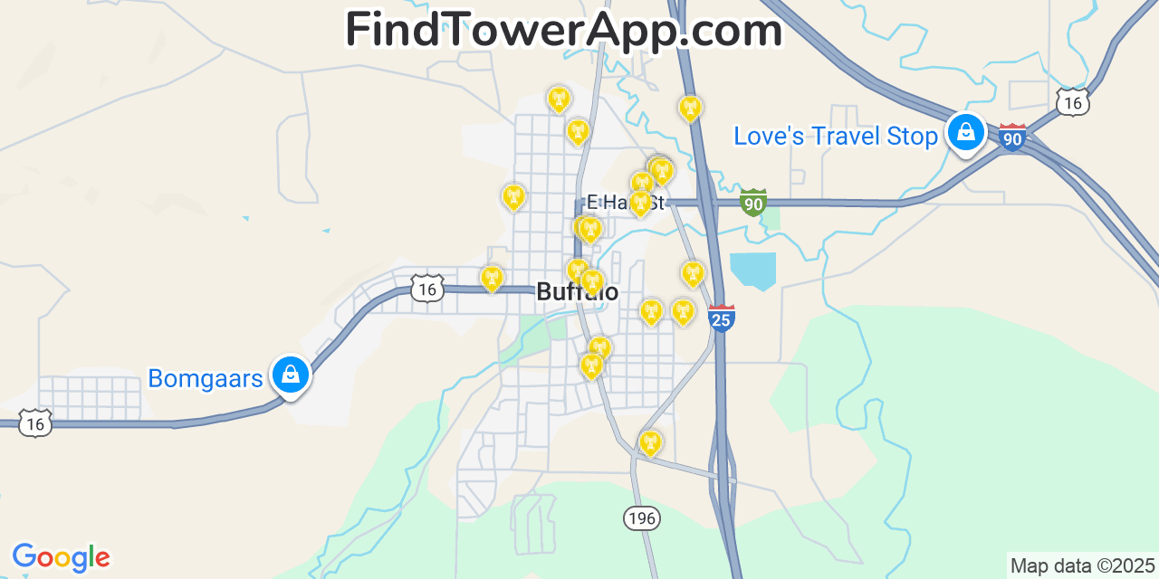 Map showing the 20 primary cell tower locations detected in Buffalo, Wyoming from AT&T, Verizon, and T-Mobile networks