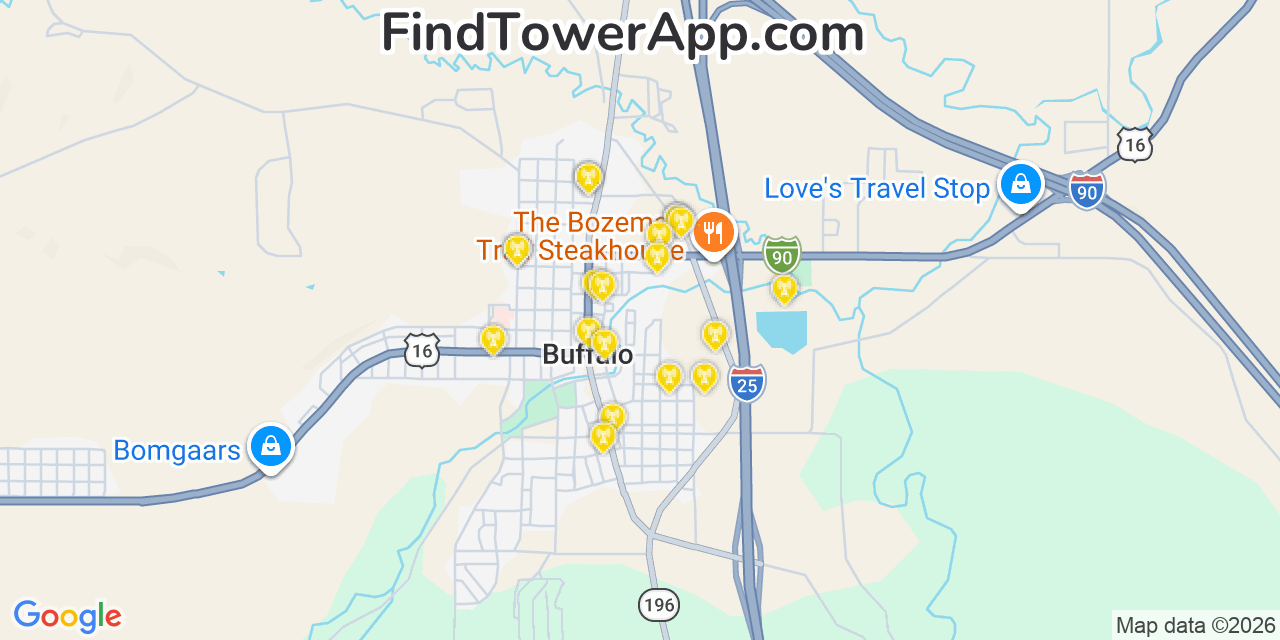 Map showing the 20 primary cell tower locations detected in Buffalo, Wyoming from AT&T, Verizon, and T-Mobile networks