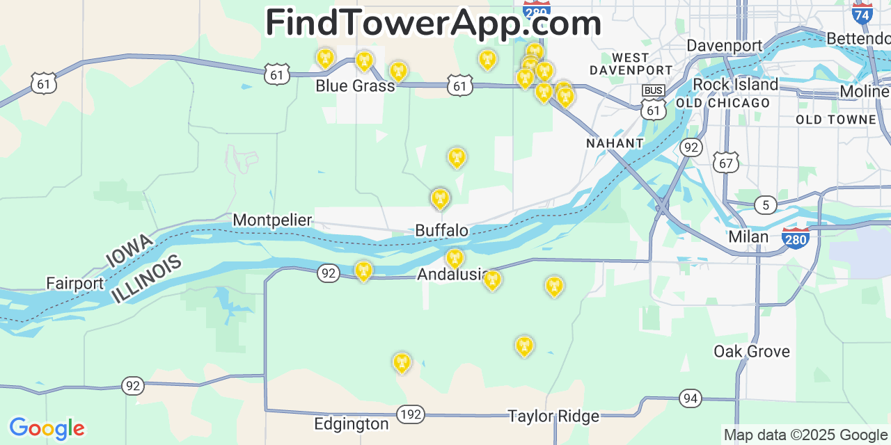 Map showing the 21 primary AT&T cell tower locations detected in Buffalo (Historical), Iowa with coverage radius and signal strength indicators