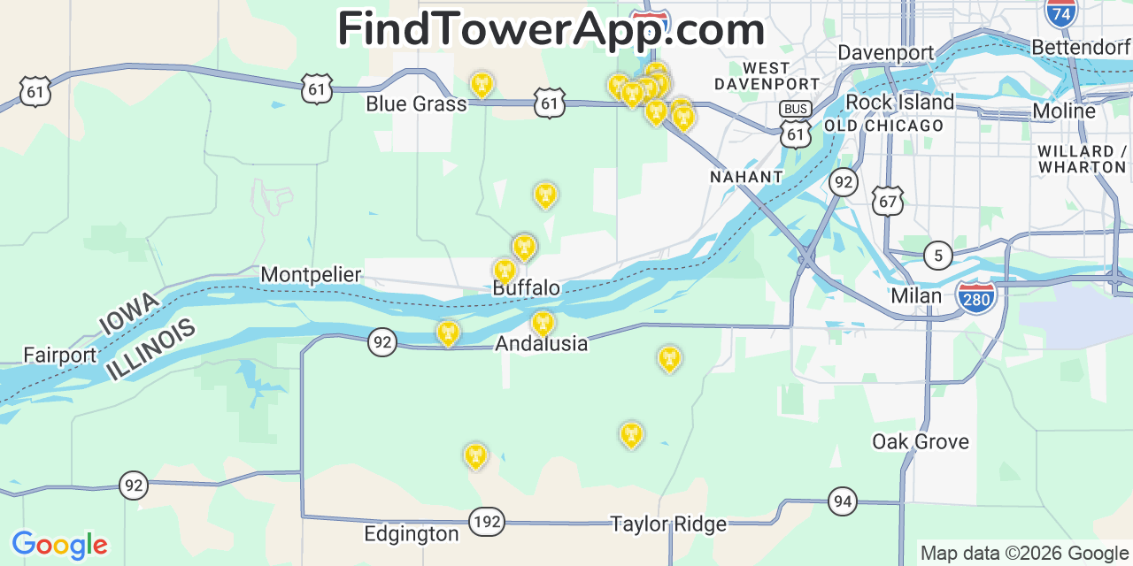 Map showing the 20 primary cell tower locations detected in Buffalo (Historical), Iowa from AT&T, Verizon, and T-Mobile networks