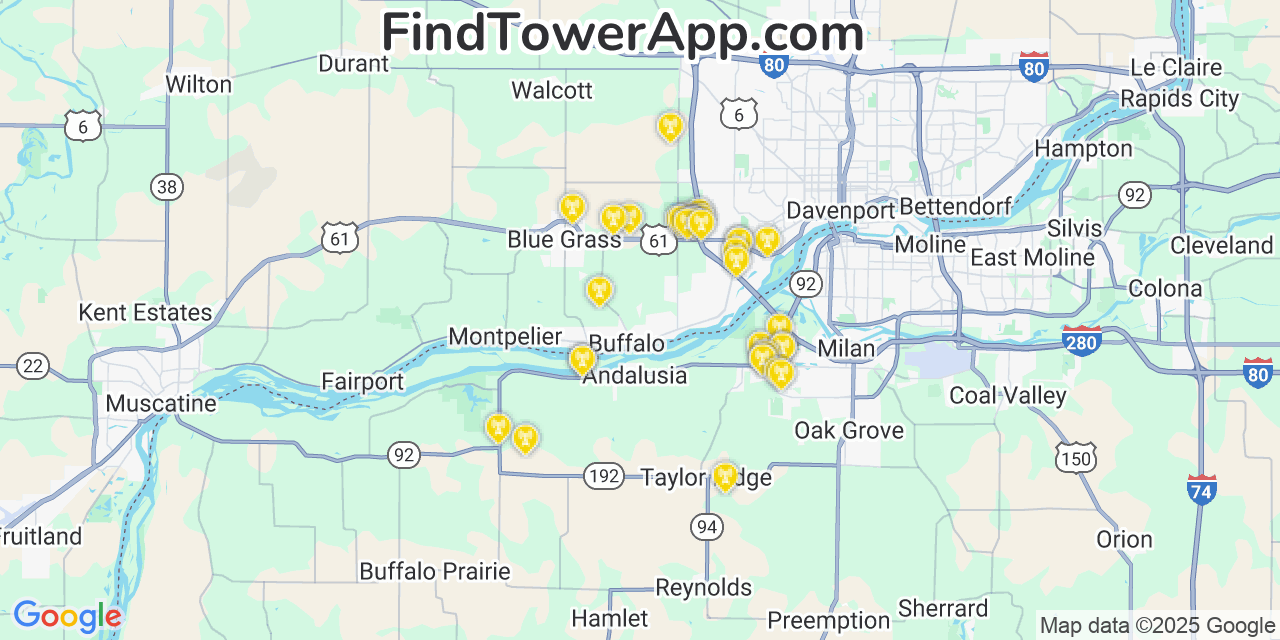 Map showing the 34 primary T-Mobile cell tower locations detected in Buffalo (Historical), Iowa with coverage radius and signal strength indicators