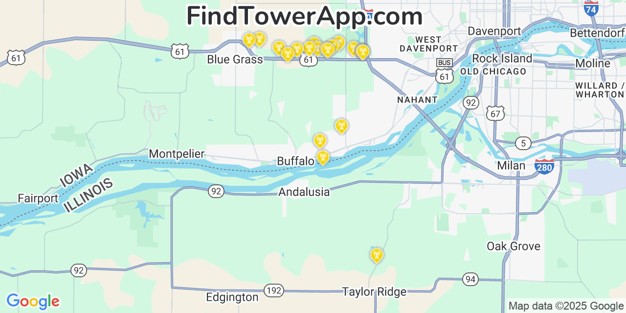 Map showing the 20 primary Verizon cell tower locations detected in Buffalo (Historical), Iowa with coverage radius and signal strength indicators