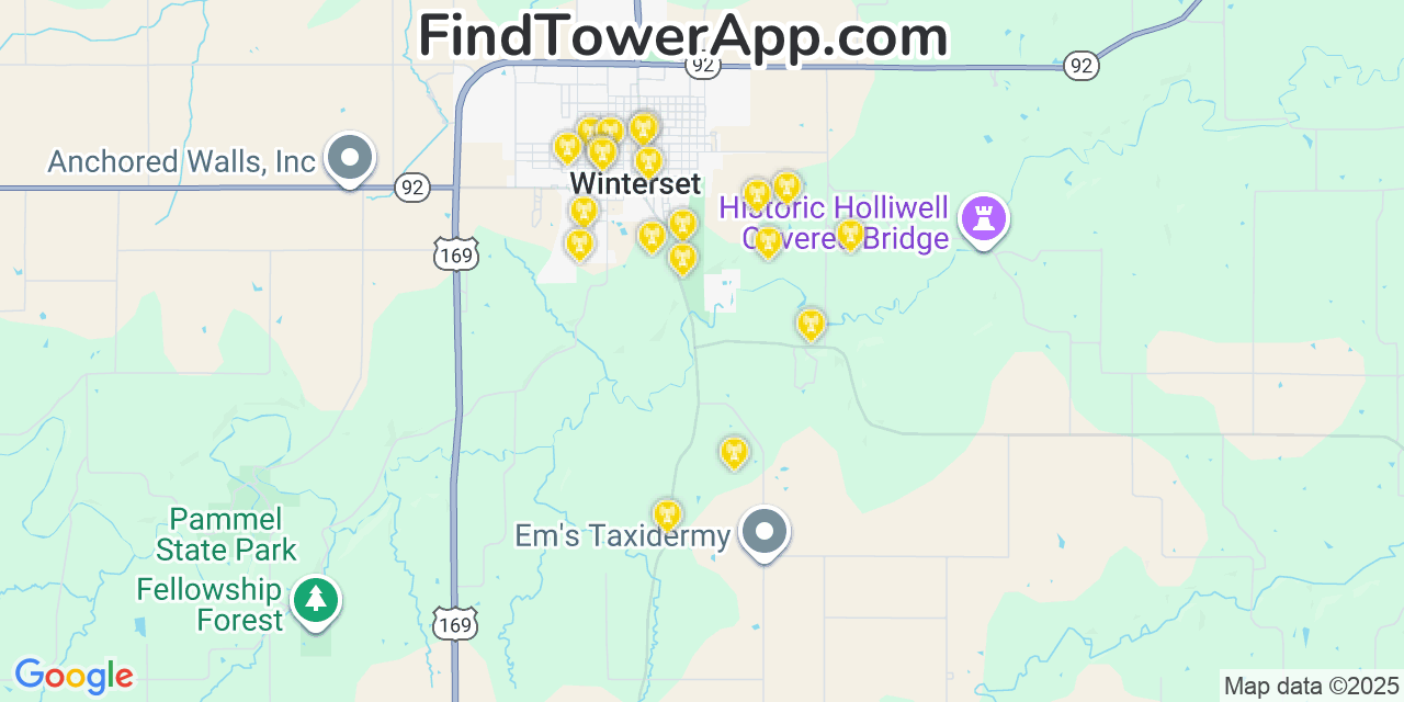 Map showing the 20 primary cell tower locations detected in Buffalo (historical), Iowa from AT&T, Verizon, and T-Mobile networks