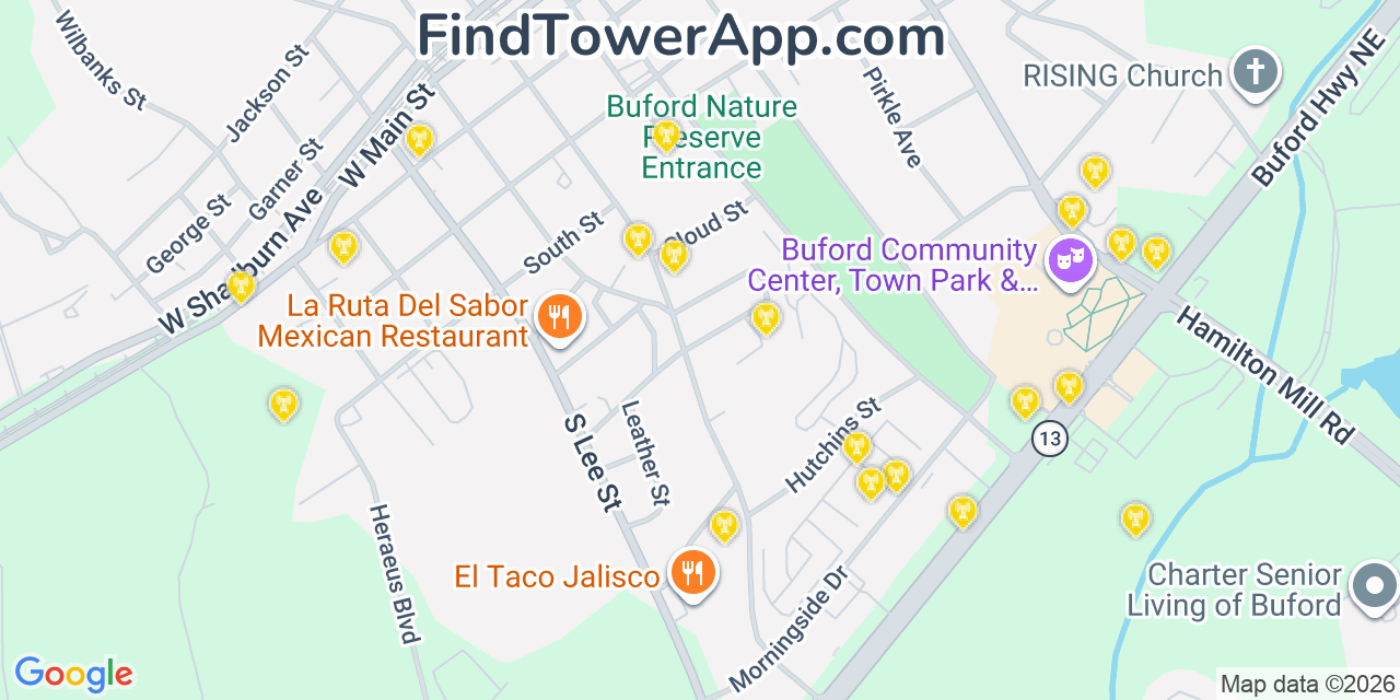 Map showing the 20 primary cell tower locations detected in Buford, Georgia from AT&T, Verizon, and T-Mobile networks