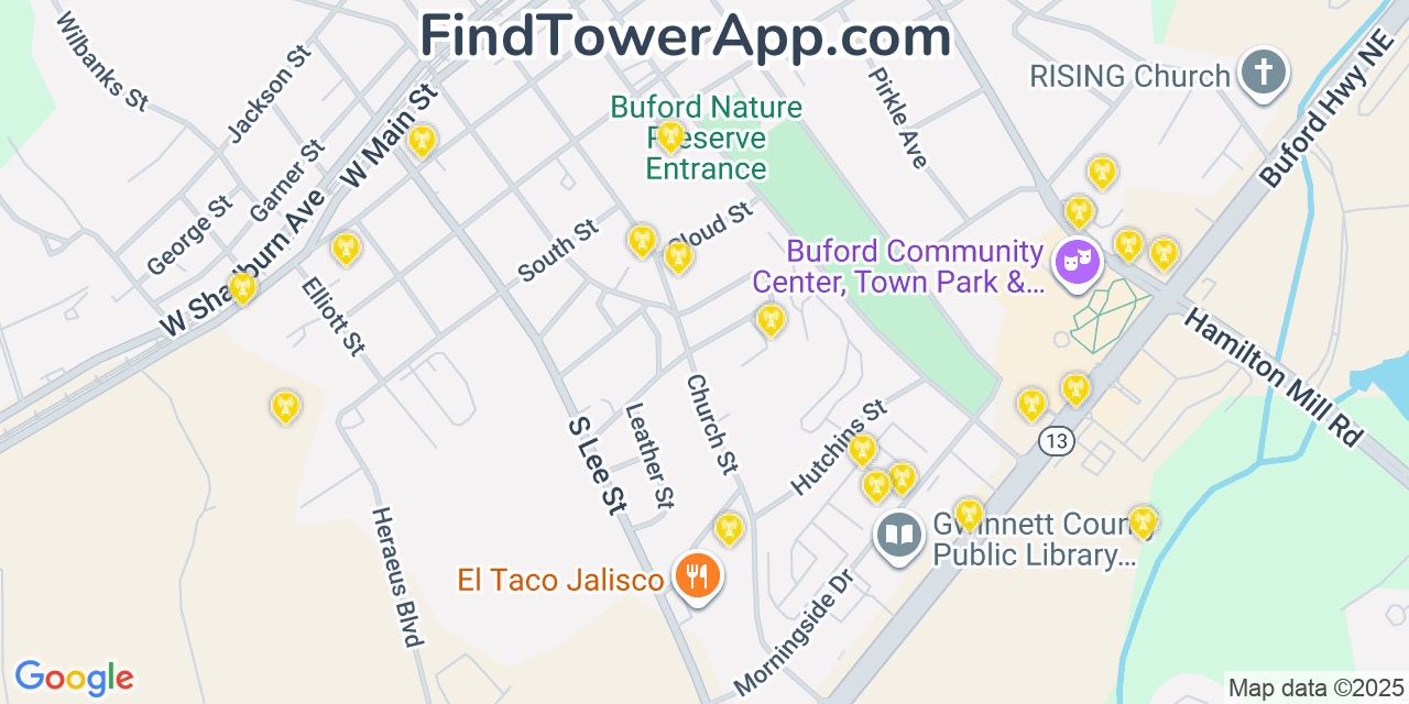 Map showing the 20 primary Mobitel cell tower locations detected in Buford, Georgia with coverage radius and signal strength indicators
