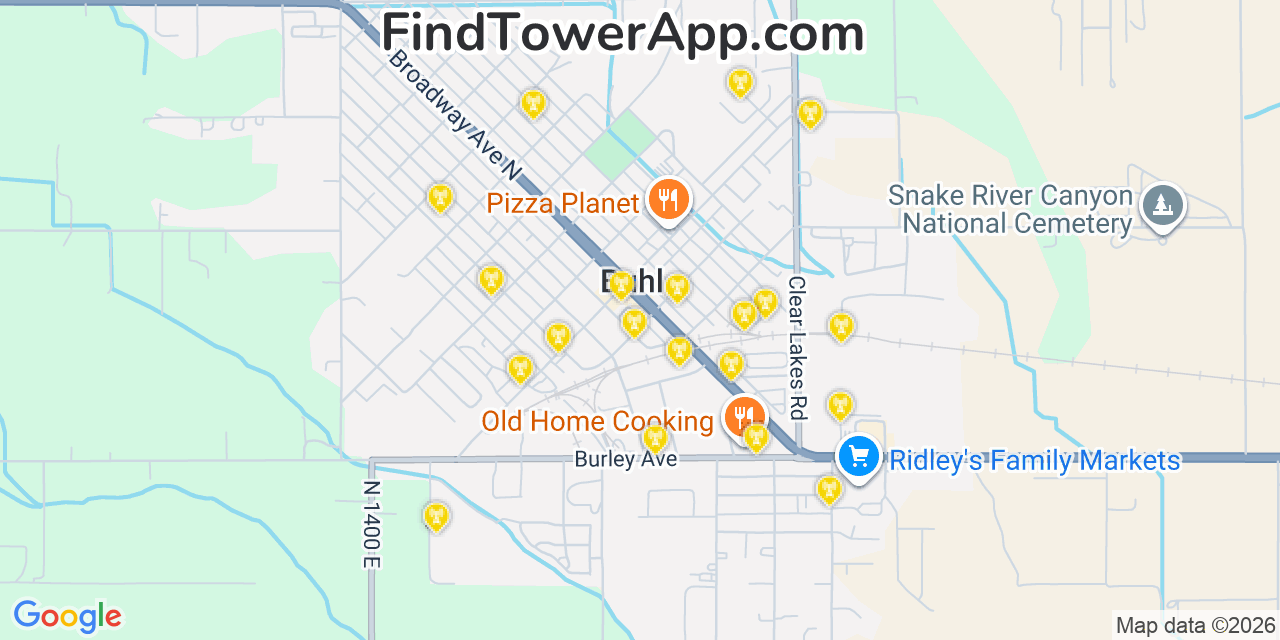 Map showing the 20 primary cell tower locations detected in Buhl, Idaho from AT&T, Verizon, and T-Mobile networks