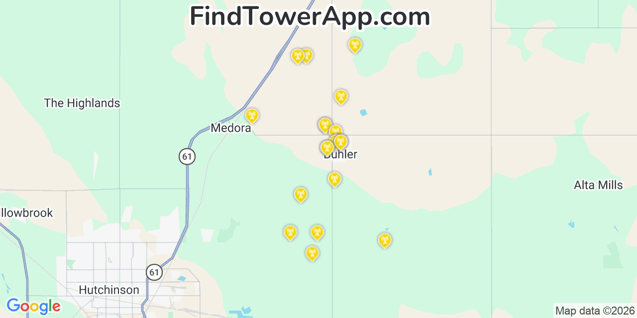 Map showing the 20 primary cell tower locations detected in Buhler, Kansas from AT&T, Verizon, and T-Mobile networks