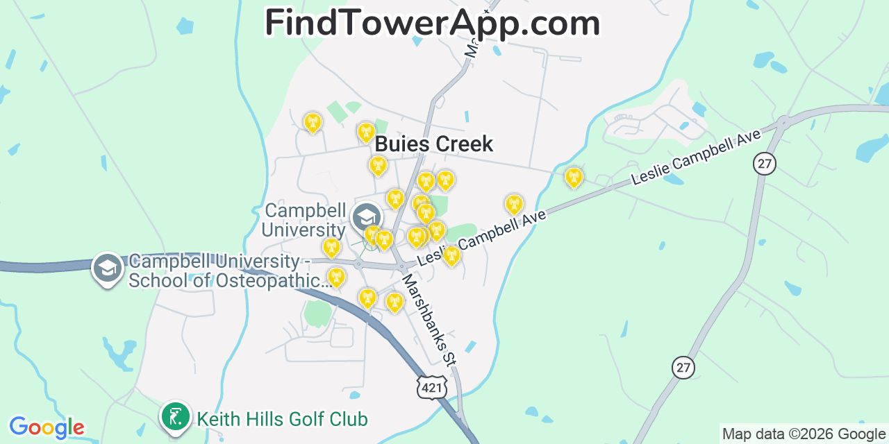 Map showing the 20 primary cell tower locations detected in Buies Creek, North Carolina from AT&T, Verizon, and T-Mobile networks