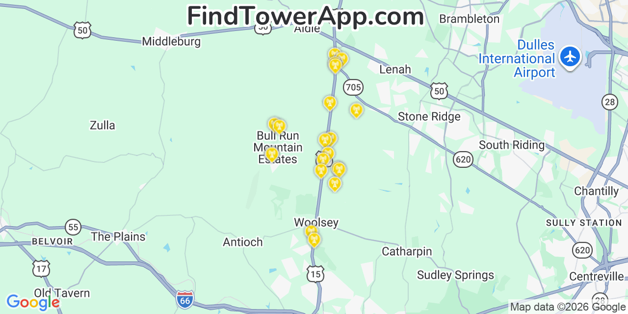 Map showing the 20 primary cell tower locations detected in Bull Run Mountain Estates, Virginia from AT&T, Verizon, and T-Mobile networks