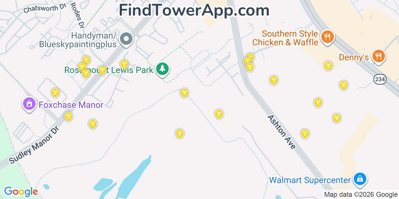 Map showing the 20 primary cell tower locations detected in Bull Run, Virginia from AT&T, Verizon, and T-Mobile networks