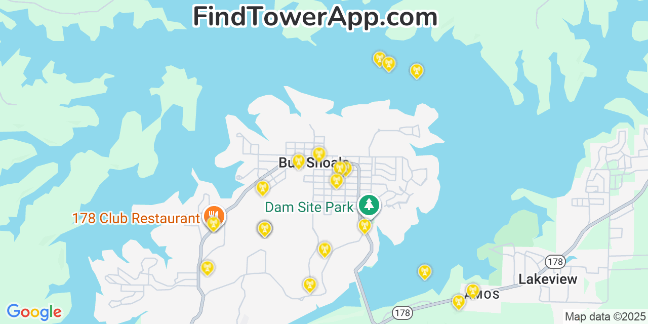 Map showing the 20 primary cell tower locations detected in Bull Shoals, Arkansas from AT&T, Verizon, and T-Mobile networks