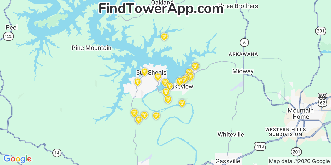 Map showing the 20 primary cell tower locations detected in Bull Shoals, Arkansas from AT&T, Verizon, and T-Mobile networks
