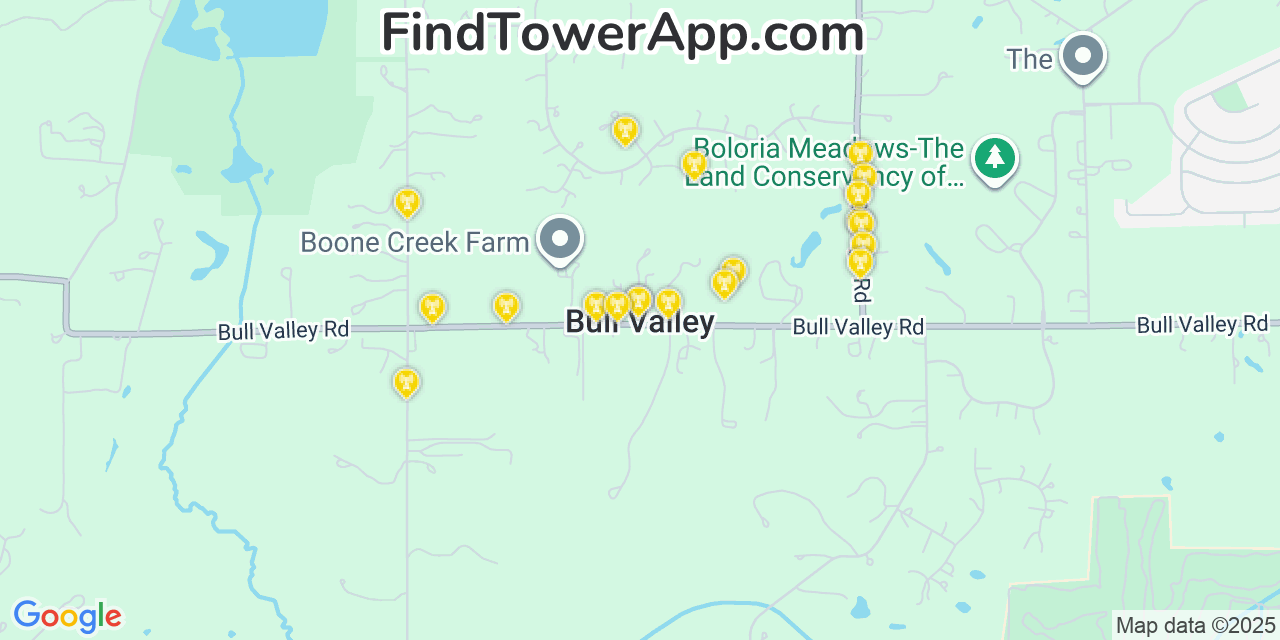 Map showing the 20 primary cell tower locations detected in Bull Valley, Illinois from AT&T, Verizon, and T-Mobile networks