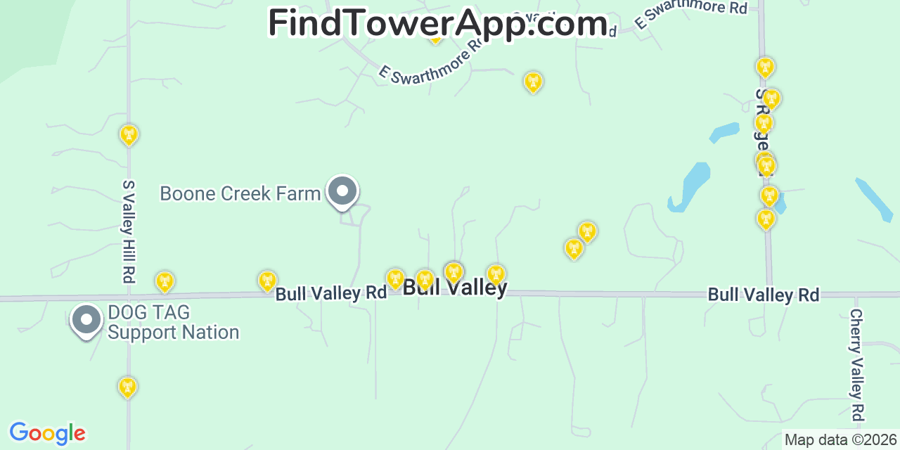 Map showing the 20 primary cell tower locations detected in Bull Valley, Illinois from AT&T, Verizon, and T-Mobile networks