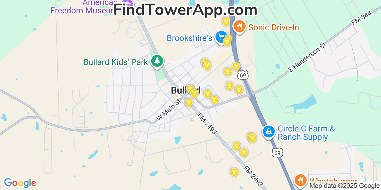 Map showing the 20 primary cell tower locations detected in Bullard, Texas from AT&T, Verizon, and T-Mobile networks