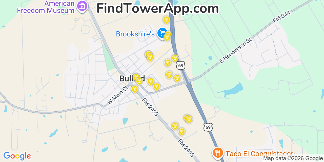 Map showing the 20 primary cell tower locations detected in Bullard, Texas from AT&T, Verizon, and T-Mobile networks
