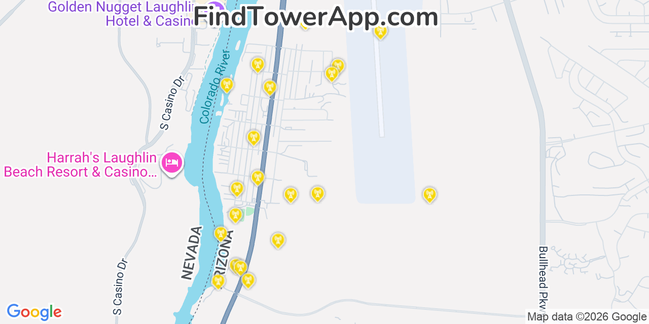 Map showing the 20 primary cell tower locations detected in Bullhead City, Arizona from AT&T, Verizon, and T-Mobile networks