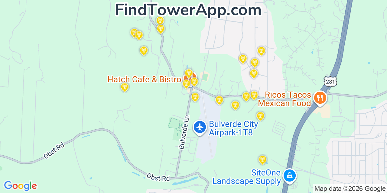 Map showing the 20 primary cell tower locations detected in Bulverde, Texas from AT&T, Verizon, and T-Mobile networks