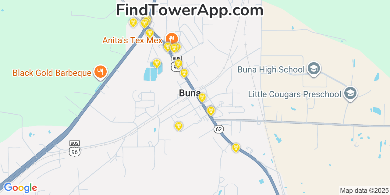 Map showing the 20 primary cell tower locations detected in Buna, Texas from AT&T, Verizon, and T-Mobile networks