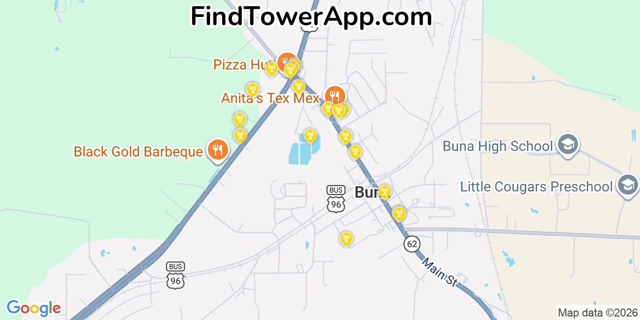 Map showing the 20 primary cell tower locations detected in Buna, Texas from AT&T, Verizon, and T-Mobile networks