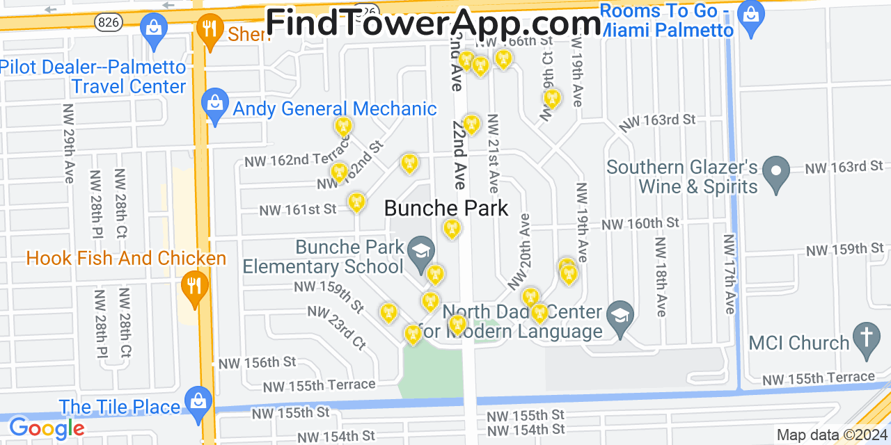 AT&T 4G/5G cell tower coverage map Bunche Park, Florida