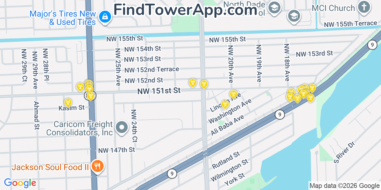 Map showing the 20 primary cell tower locations detected in Bunche Park, Florida from AT&T, Verizon, and T-Mobile networks