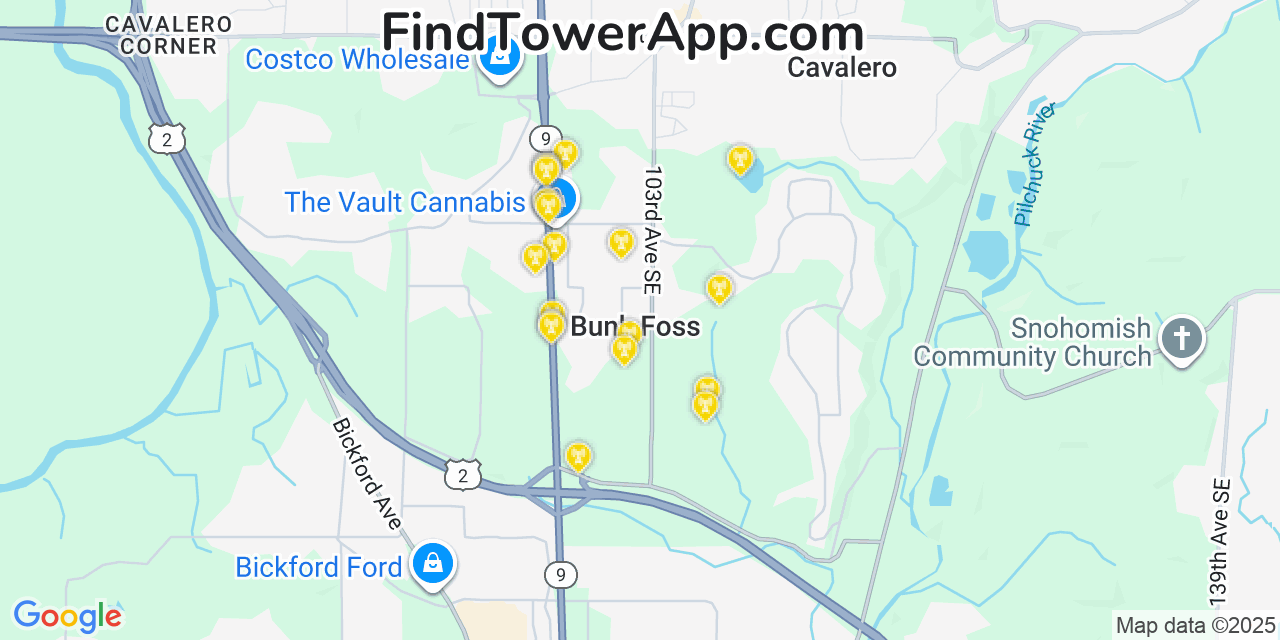 Map showing the 20 primary cell tower locations detected in Bunk Foss, Washington from AT&T, Verizon, and T-Mobile networks