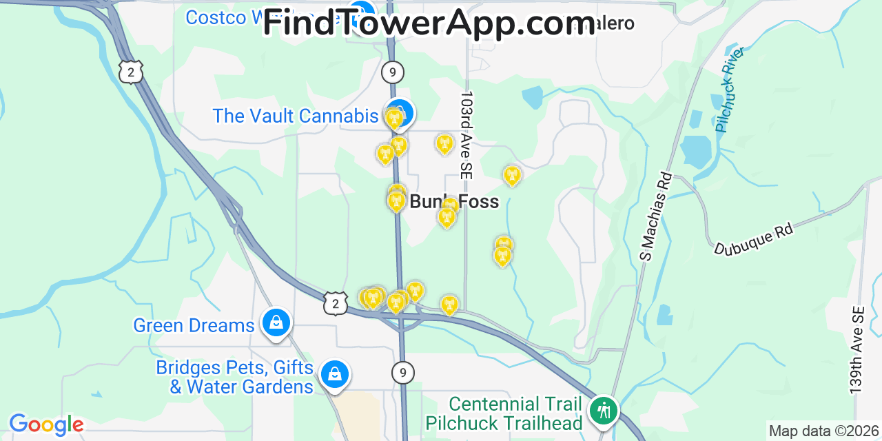 Map showing the 20 primary cell tower locations detected in Bunk Foss, Washington from AT&T, Verizon, and T-Mobile networks