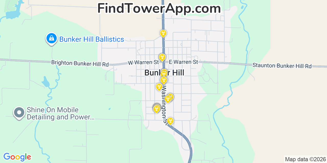 Map showing the 20 primary cell tower locations detected in Bunker Hill, Illinois from AT&T, Verizon, and T-Mobile networks