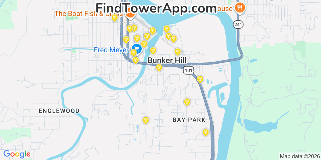 Map showing the 20 primary cell tower locations detected in Bunker Hill, Oregon from AT&T, Verizon, and T-Mobile networks