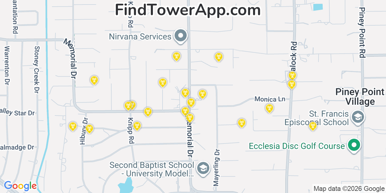 Map showing the 20 primary cell tower locations detected in Bunker Hill Village, Texas from AT&T, Verizon, and T-Mobile networks