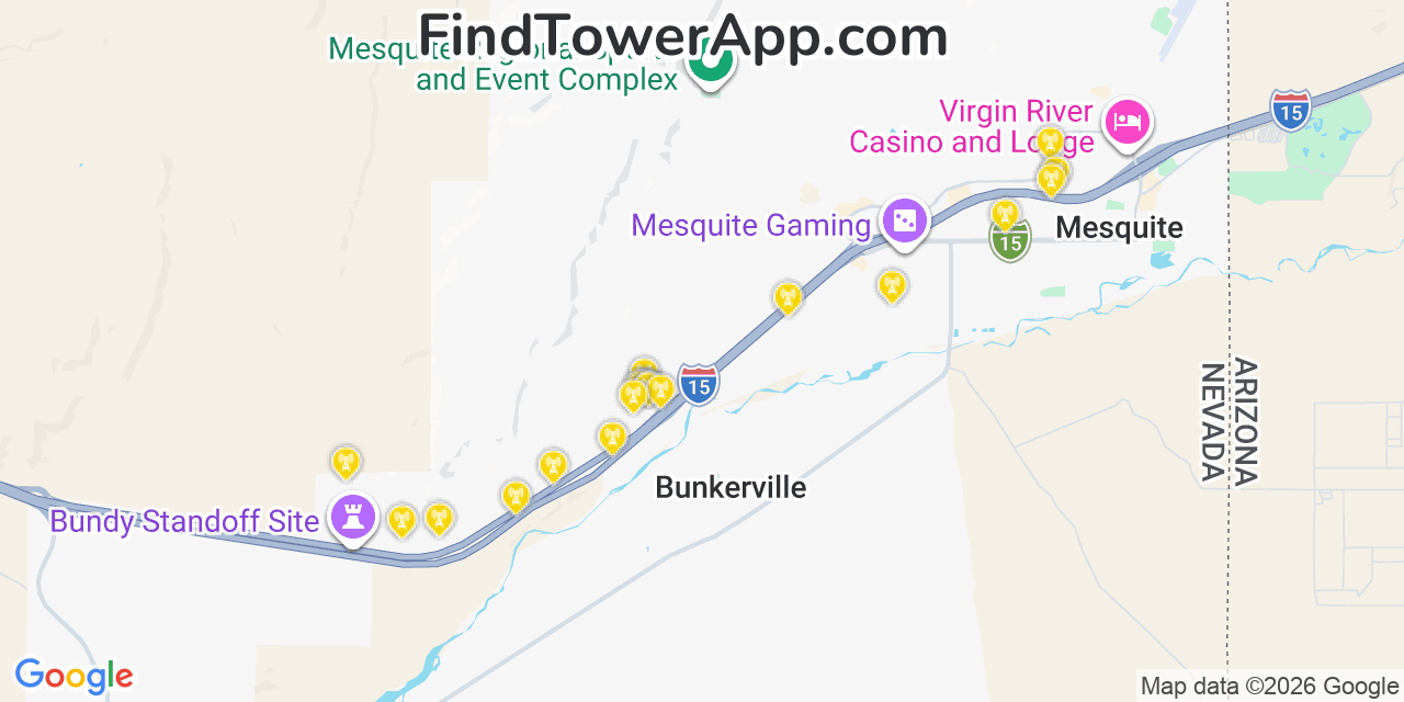 Map showing the 20 primary cell tower locations detected in Bunkerville, Nevada from AT&T, Verizon, and T-Mobile networks