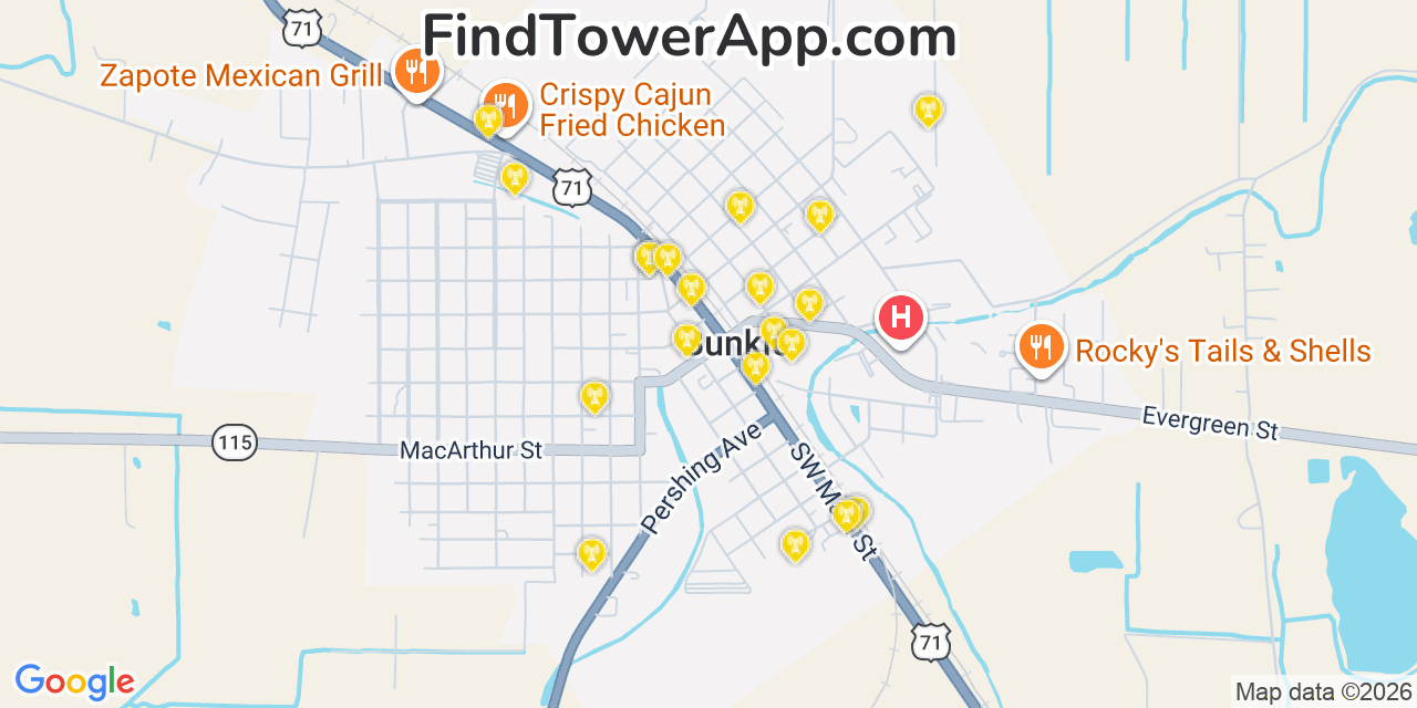 Map showing the 20 primary cell tower locations detected in Bunkie, Louisiana from AT&T, Verizon, and T-Mobile networks