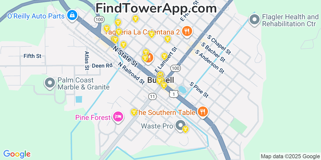 Map showing the 20 primary cell tower locations detected in Bunnell, Florida from AT&T, Verizon, and T-Mobile networks
