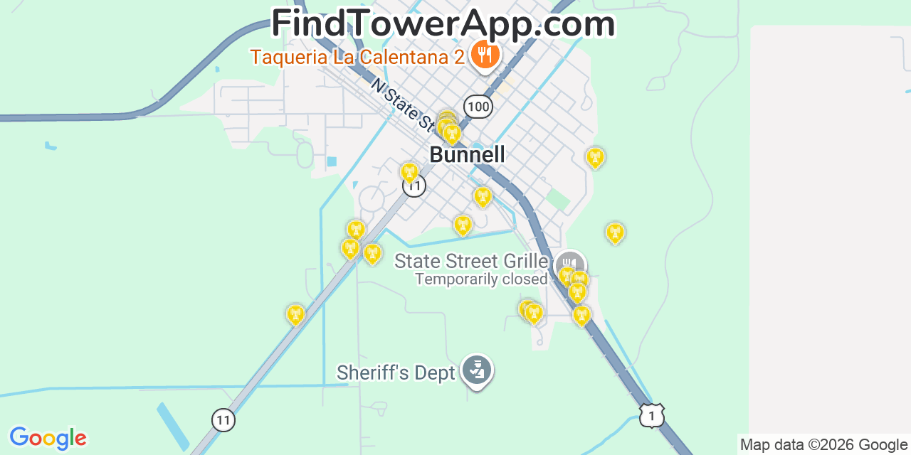 Map showing the 20 primary cell tower locations detected in Bunnell, Florida from AT&T, Verizon, and T-Mobile networks