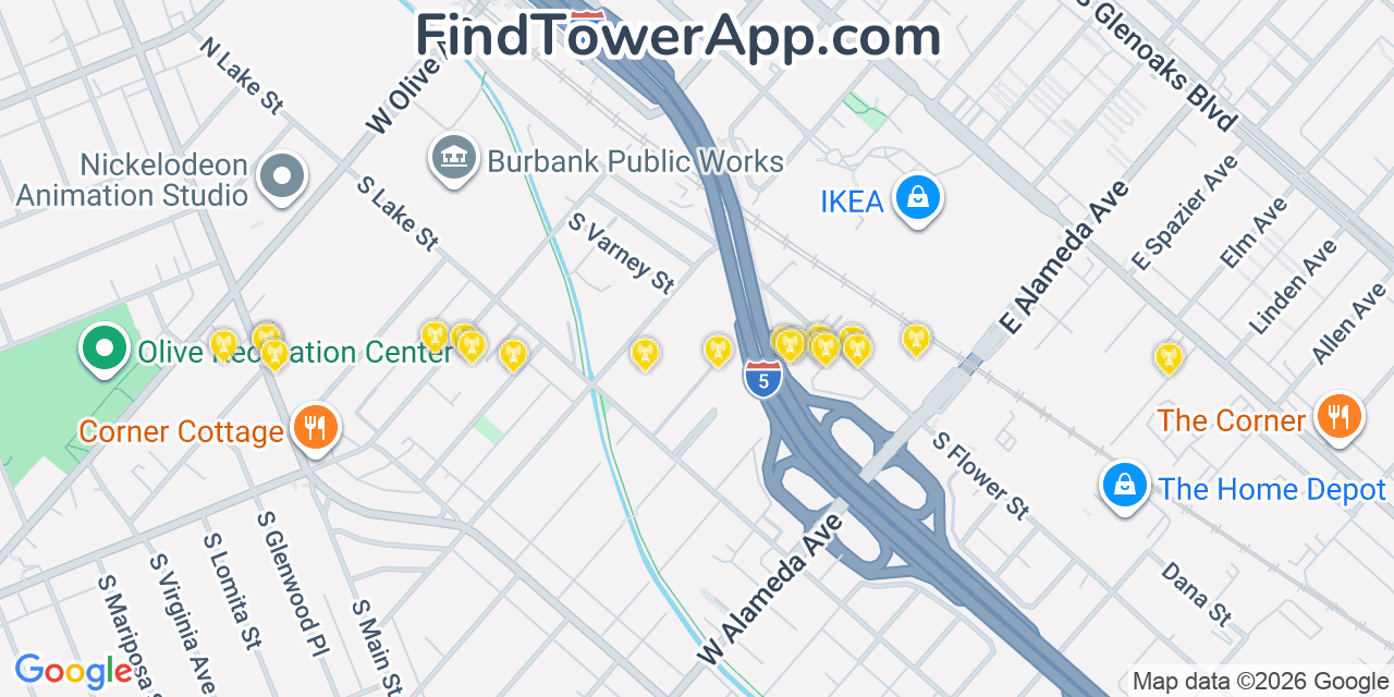 Map showing the 20 primary cell tower locations detected in Burbank, California from AT&T, Verizon, and T-Mobile networks
