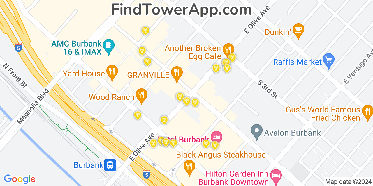 Verizon 4G/5G cell tower coverage map Burbank, California