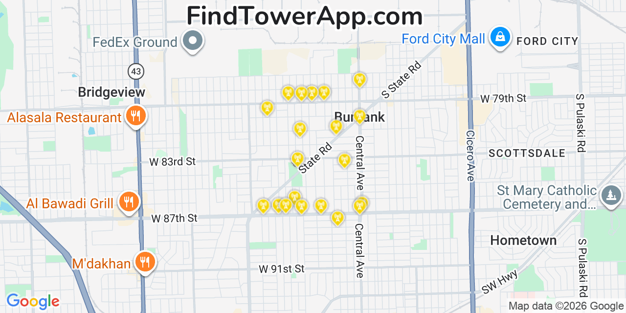 Map showing the 20 primary cell tower locations detected in Burbank, Illinois from AT&T, Verizon, and T-Mobile networks