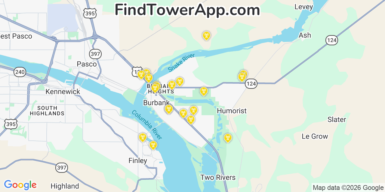 Map showing the 20 primary cell tower locations detected in Burbank, Washington from AT&T, Verizon, and T-Mobile networks