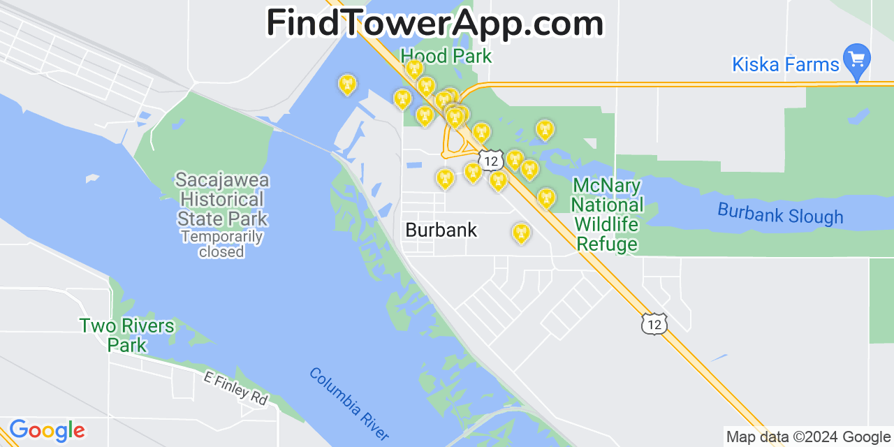 Verizon 4G/5G cell tower coverage map Burbank, Washington