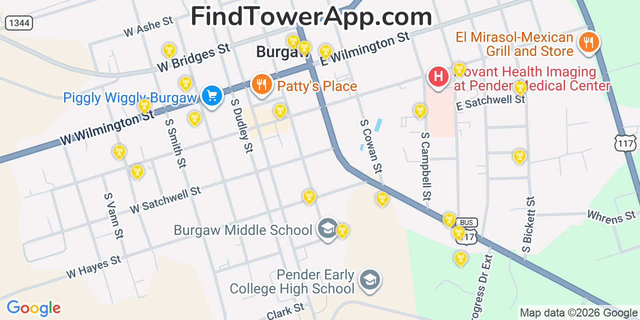 Map showing the 20 primary cell tower locations detected in Burgaw, North Carolina from AT&T, Verizon, and T-Mobile networks