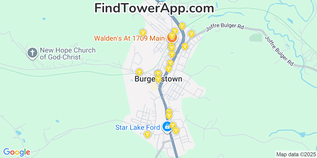 Map showing the 20 primary cell tower locations detected in Burgettstown, Pennsylvania from AT&T, Verizon, and T-Mobile networks