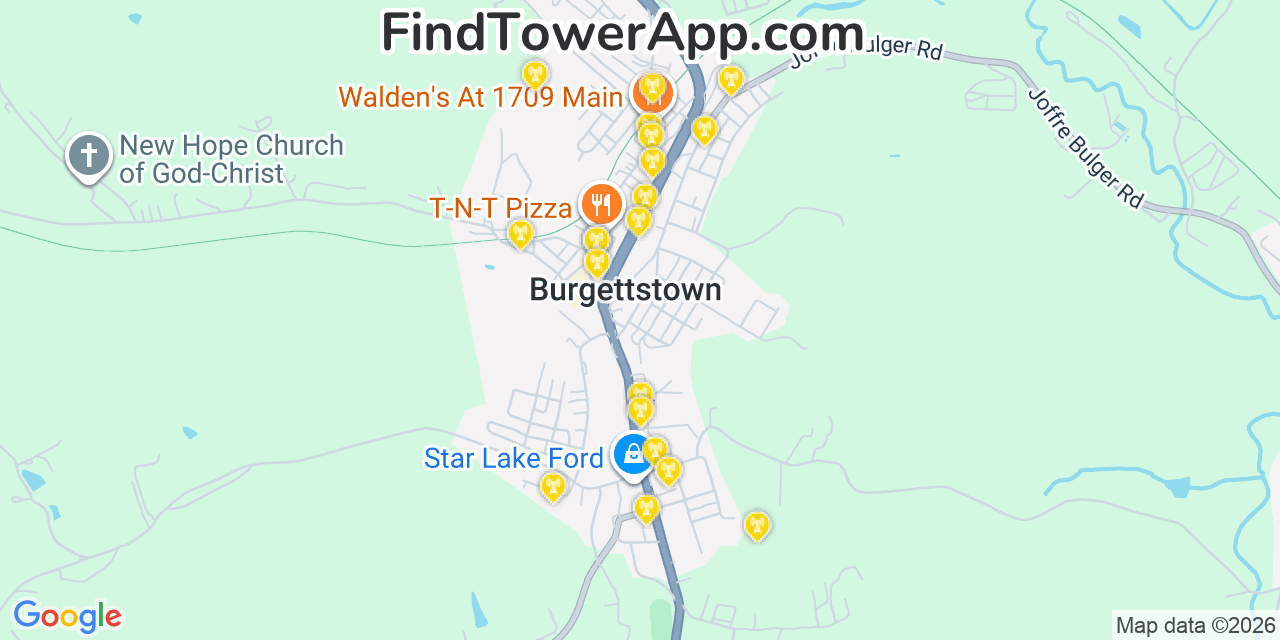 Map showing the 20 primary cell tower locations detected in Burgettstown, Pennsylvania from AT&T, Verizon, and T-Mobile networks