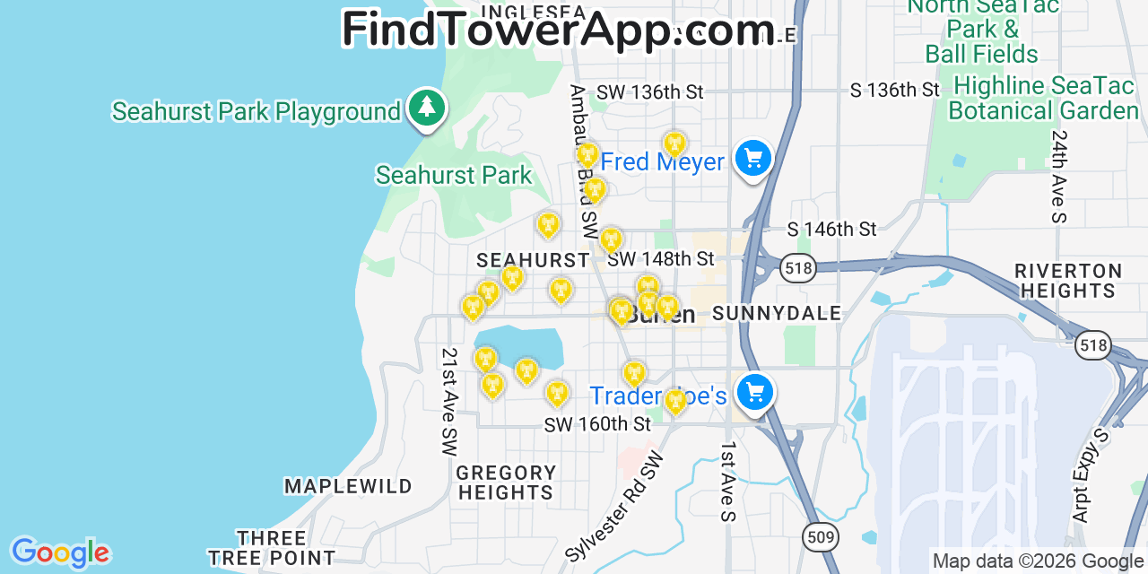 Map showing the 20 primary cell tower locations detected in Burien, Washington from AT&T, Verizon, and T-Mobile networks