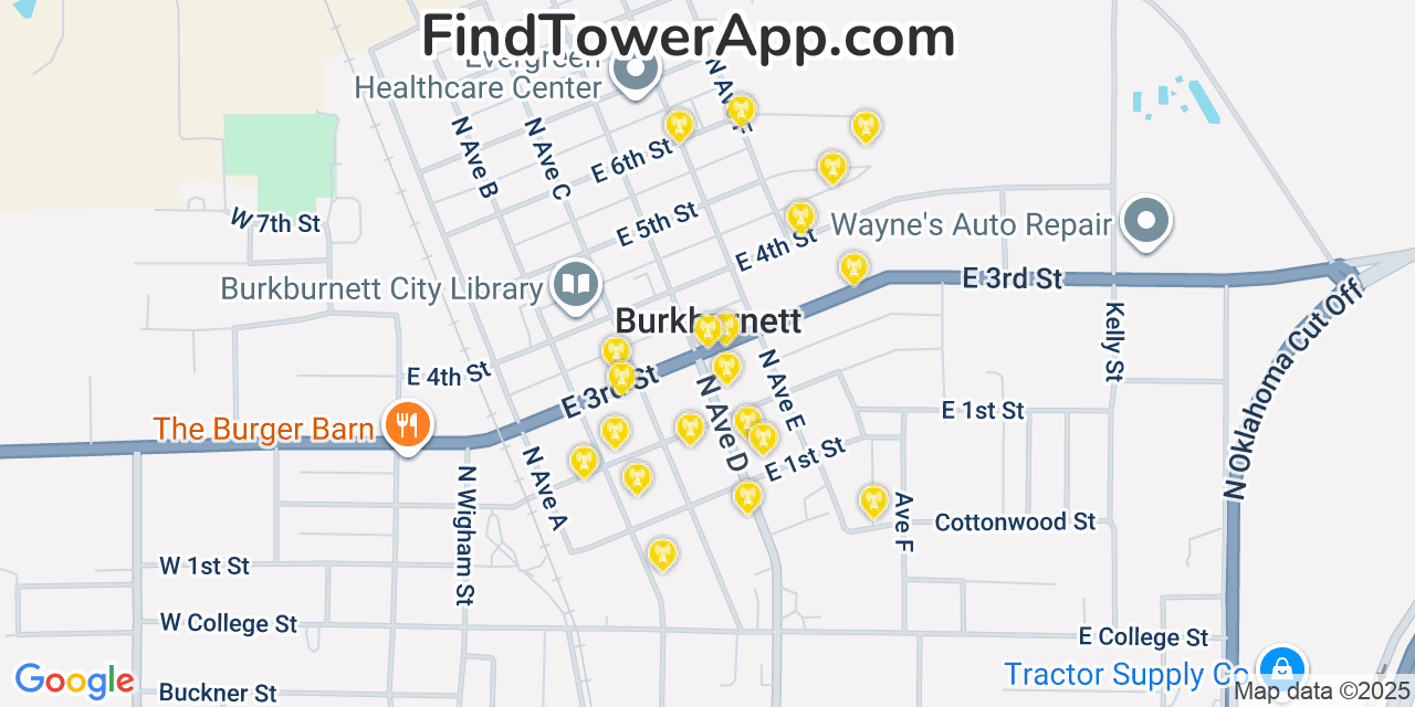 Map showing the 20 primary cell tower locations detected in Burkburnett, Texas from AT&T, Verizon, and T-Mobile networks