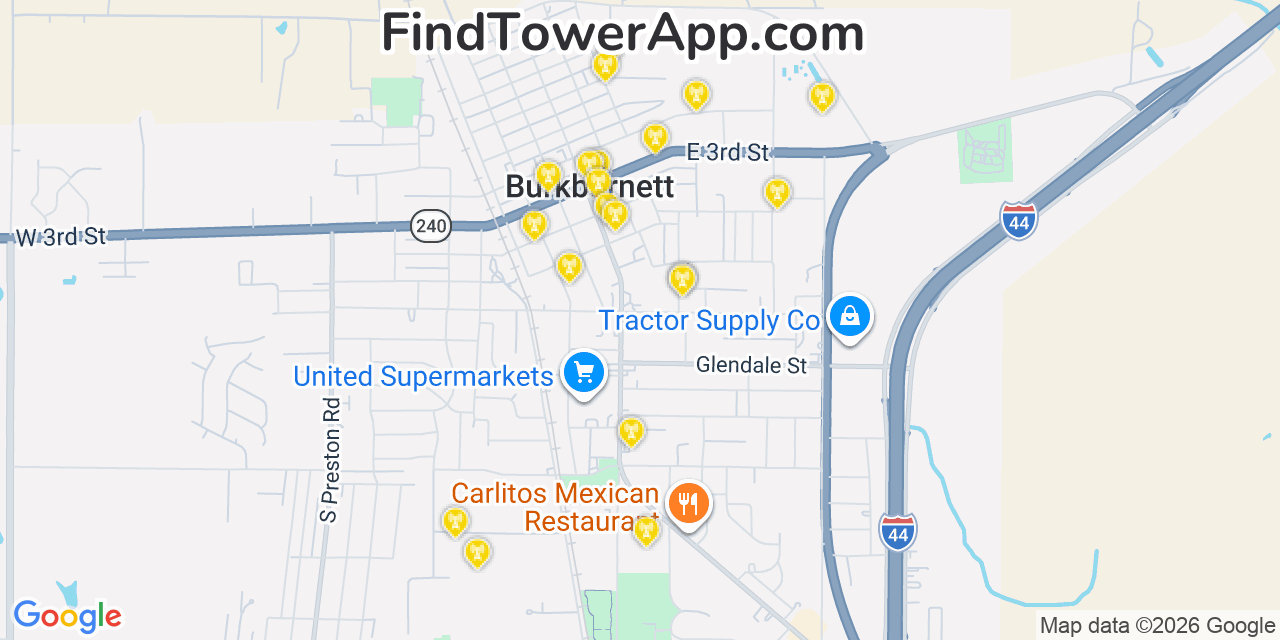 Map showing the 20 primary cell tower locations detected in Burkburnett, Texas from AT&T, Verizon, and T-Mobile networks