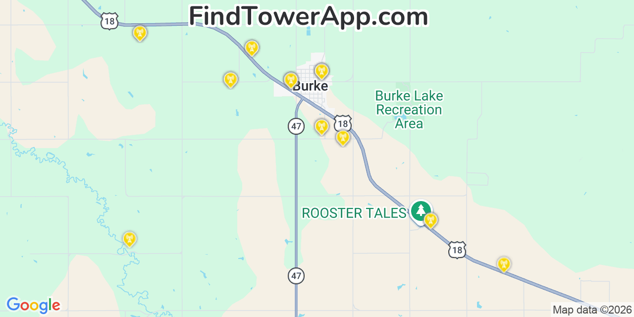 Map showing the 20 primary cell tower locations detected in Burke, South Dakota from AT&T, Verizon, and T-Mobile networks