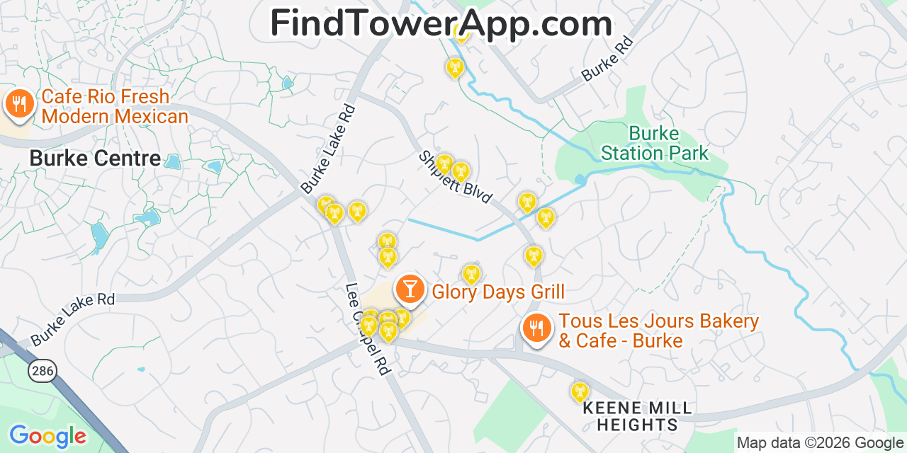 Map showing the 20 primary cell tower locations detected in Burke, Virginia from AT&T, Verizon, and T-Mobile networks