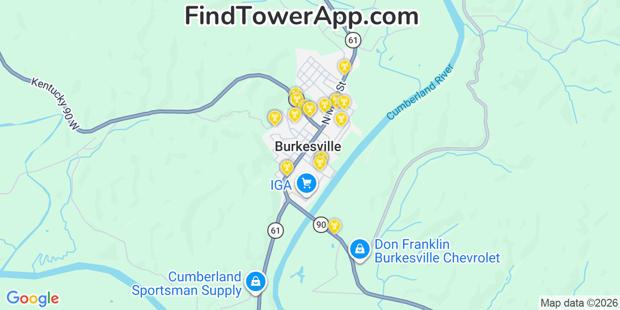 Map showing the 20 primary cell tower locations detected in Burkesville, Kentucky from AT&T, Verizon, and T-Mobile networks